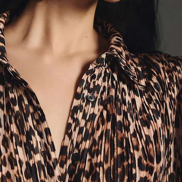 Anthropologie Good American Leopard Plisse Pleated Button Up Shirt 00/0 - Picture 11 of 12